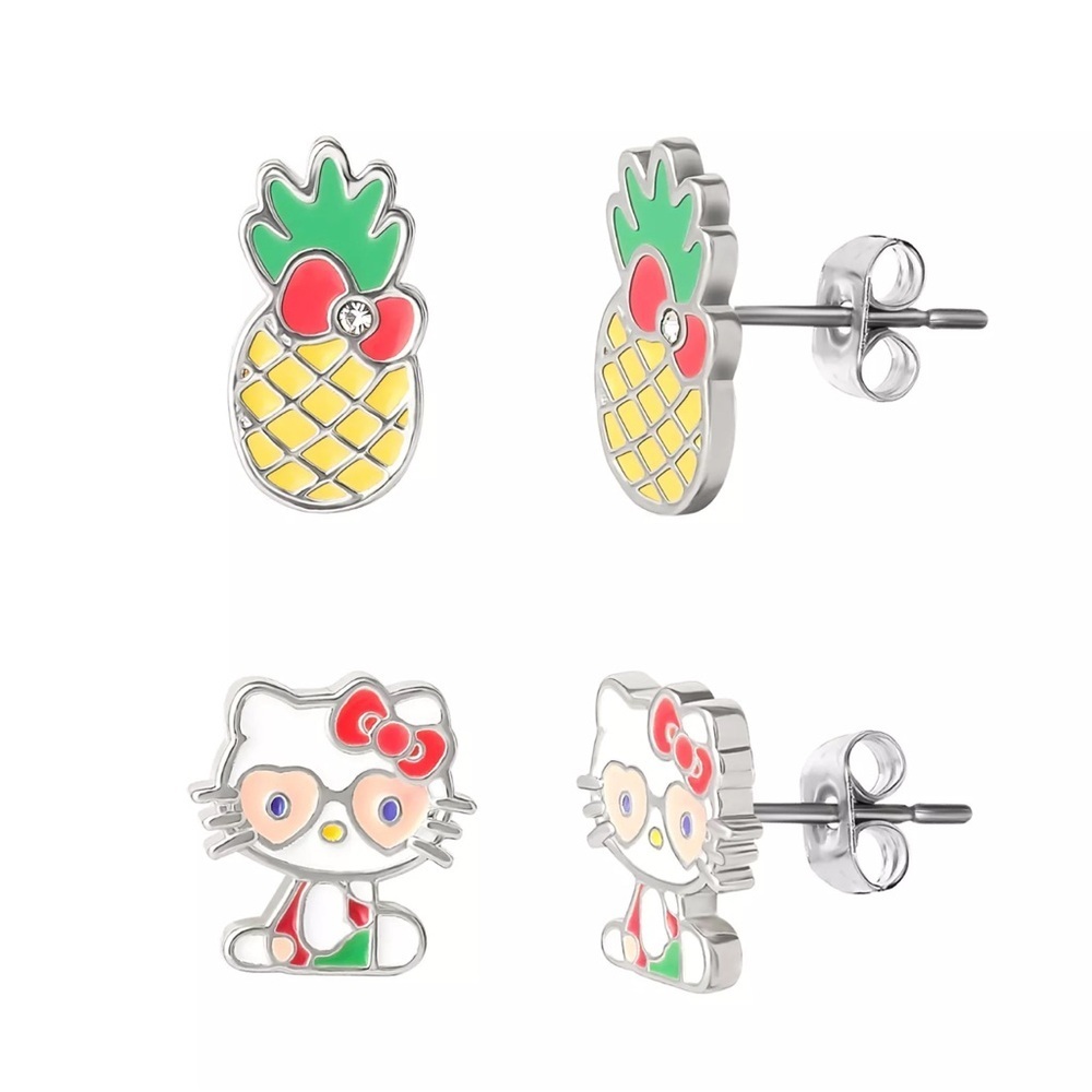 New in Box Sanrio Hello Kitty Silver Plated Pineapple Earring Set